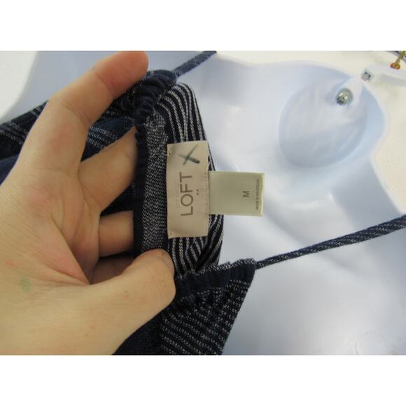 Loft Medium Navy Blue Striped Halter Tank Mini Dress Linen Cotton Breathable - Picture 4 of 4